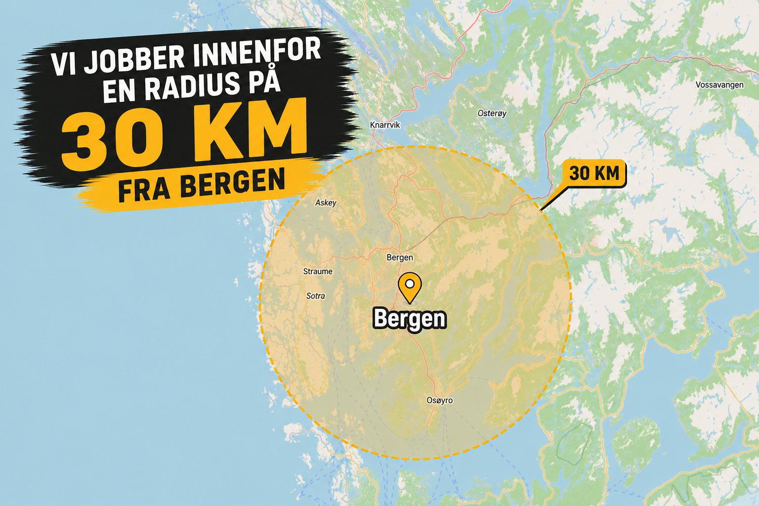 Kart over dekningsområde — 30 km fra Bergen: Askøy, Os, Fjell, Samnanger, Osterøy og omegn